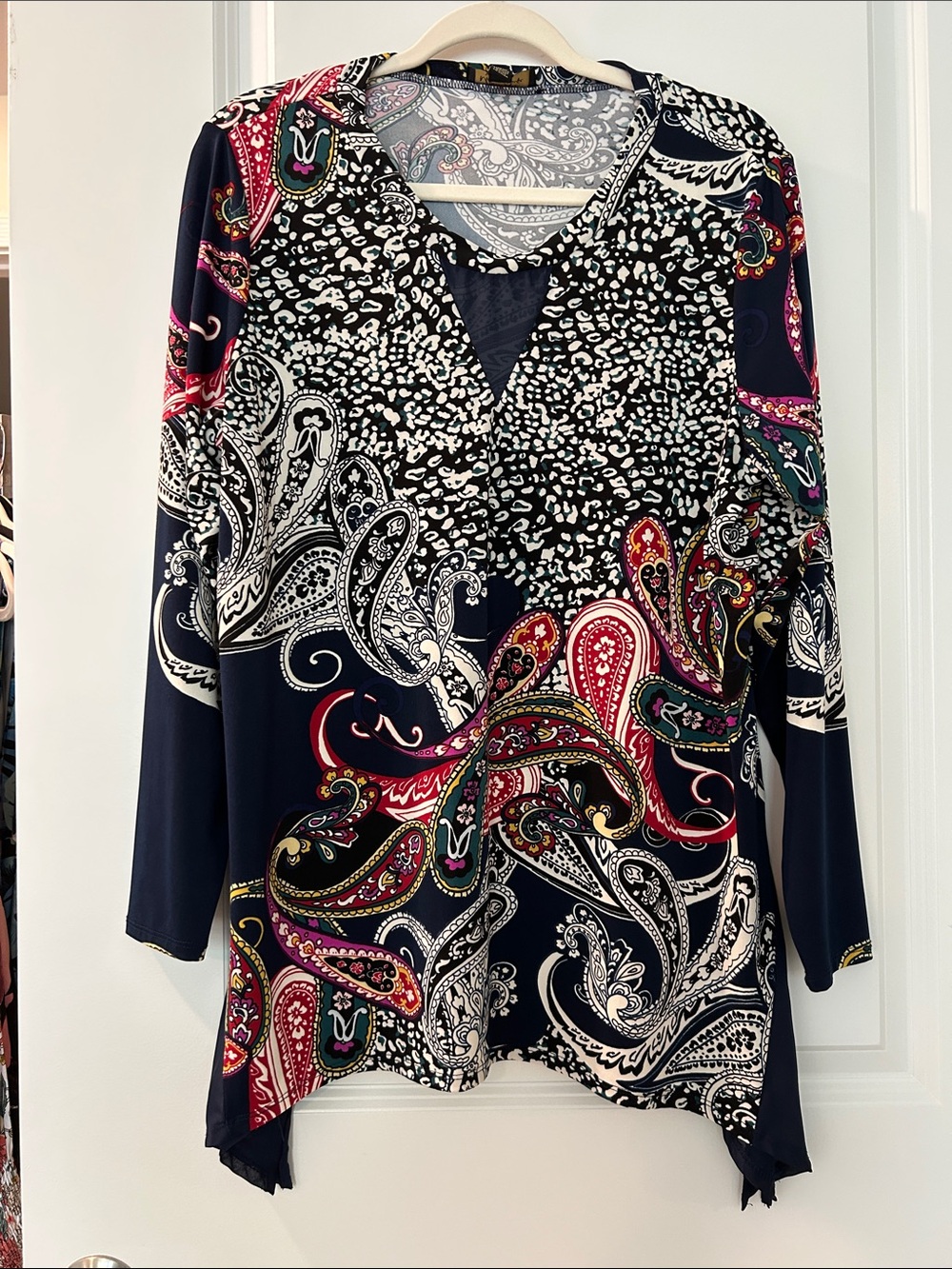 Melissa Paige Navy Paisley V-Neck Long Sleeve Tunic with Red and White Accents